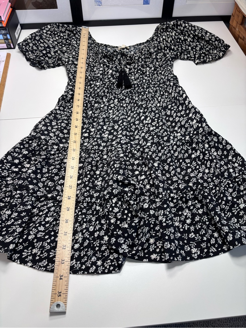 Blush Floral Puff Sleeve Mini Dress Size M Black White Tie Front Ruffle NWOT - Picture 13 of 15